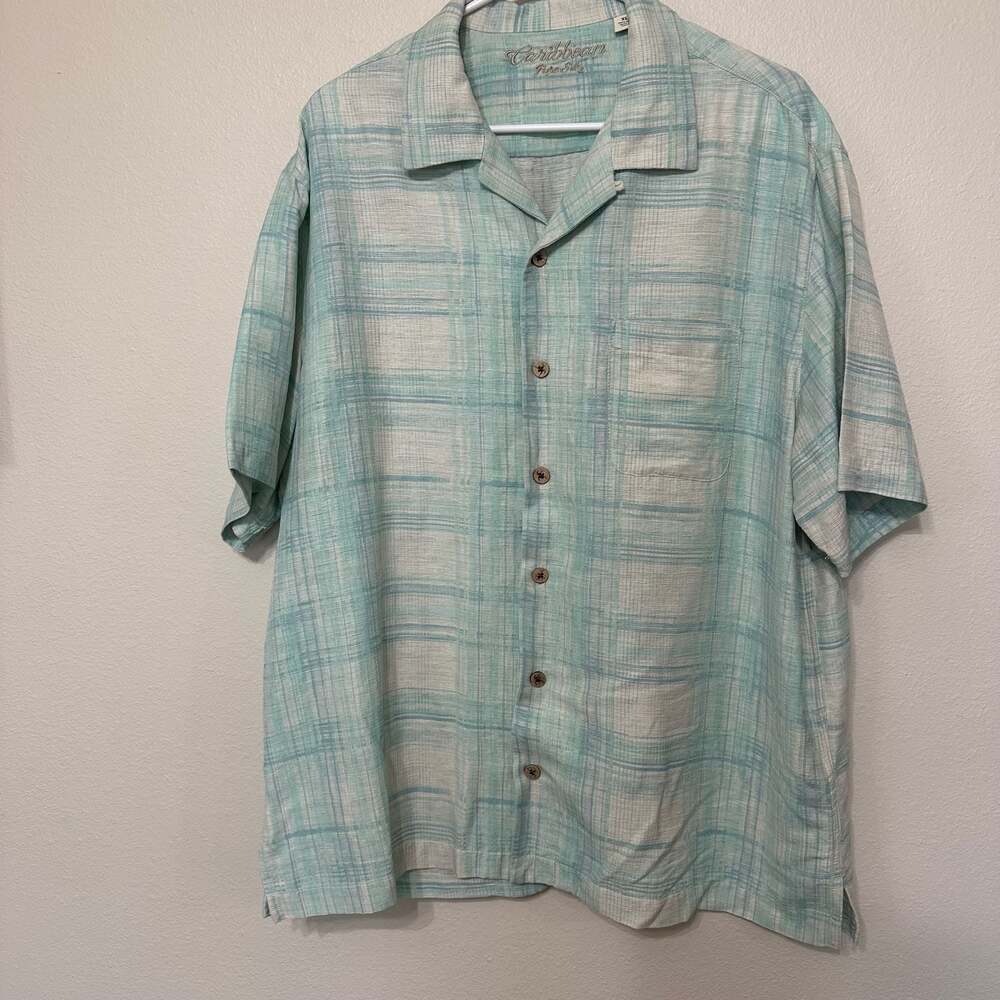 Caribbean Men's XL Blue Cream 100% Silk Button SS Shirt Tropical Summer Dadcore